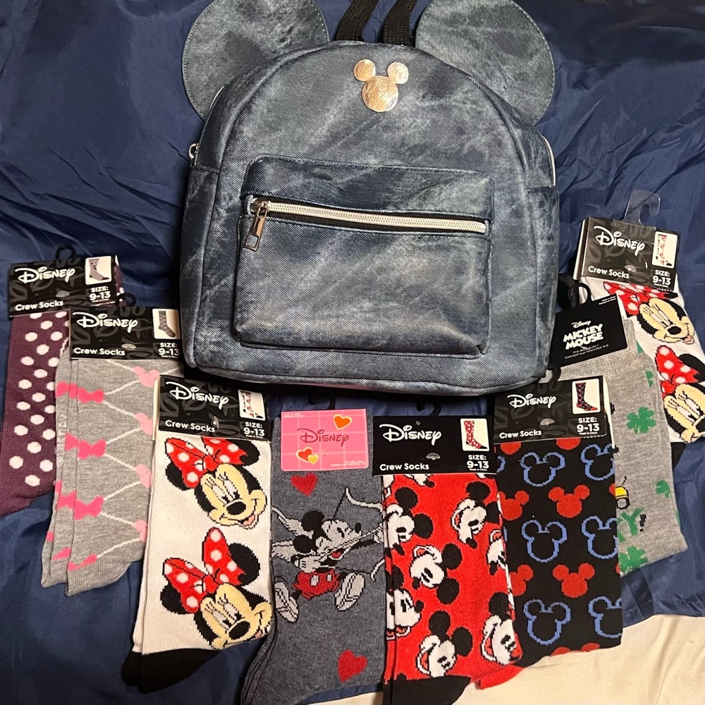 Disney Mickey Mouse Backpack with Mickey Mouse Socks Set & Necklace charm